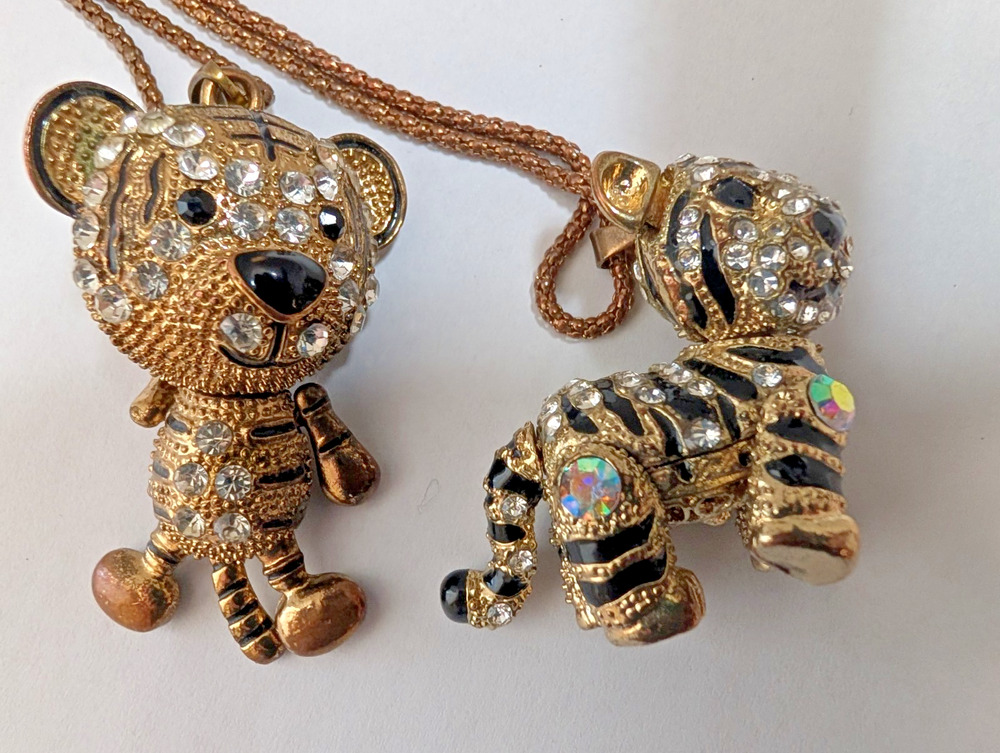 Betsey Johnson Set of 2 Animal Gem Movable Tiger/Bear Necklaces-chains show wear